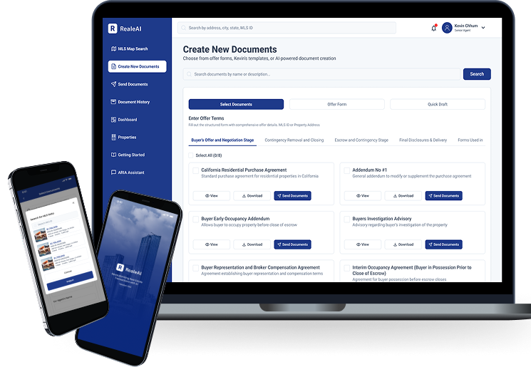 RealeAI on laptop and mobile — documents, MLS search, and agent workspace